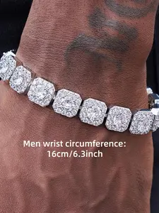Square zircon sparkling bracelet, tennis bracelet, hip-hop luxurious and fashionable buckle bracelet, suitable for daily wear, vacation and dating occasions, and also a surprising and exquisite small gift.