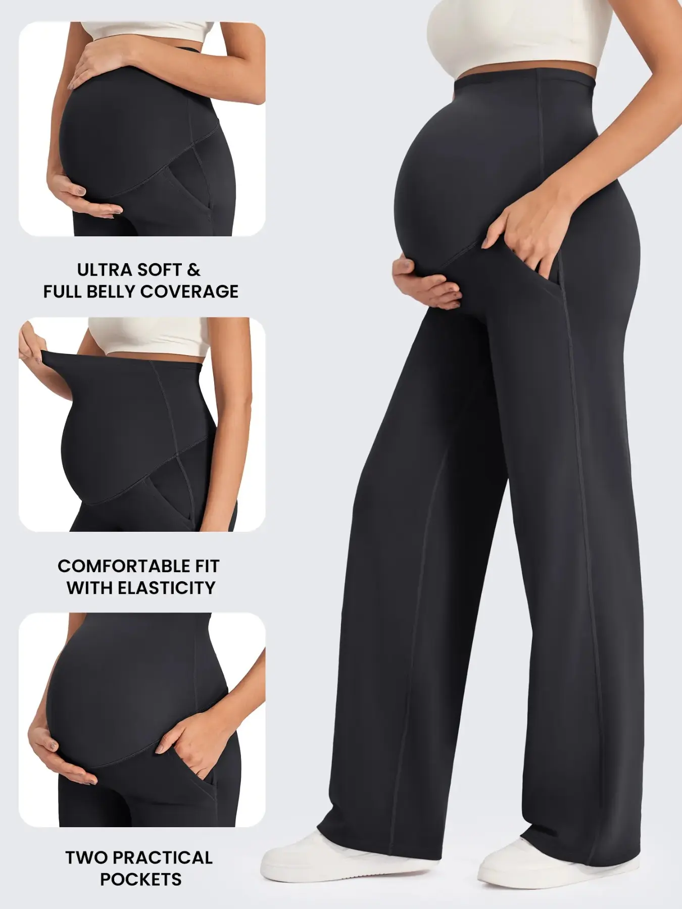 Women's High-Waist Pregnant Leggings with Pockets, Comfortable Stretchy Maternity Pants, Pregnancy Bottoms, Maternity Summer Clothes, Breathable Wide-Leg Design for All Seasons