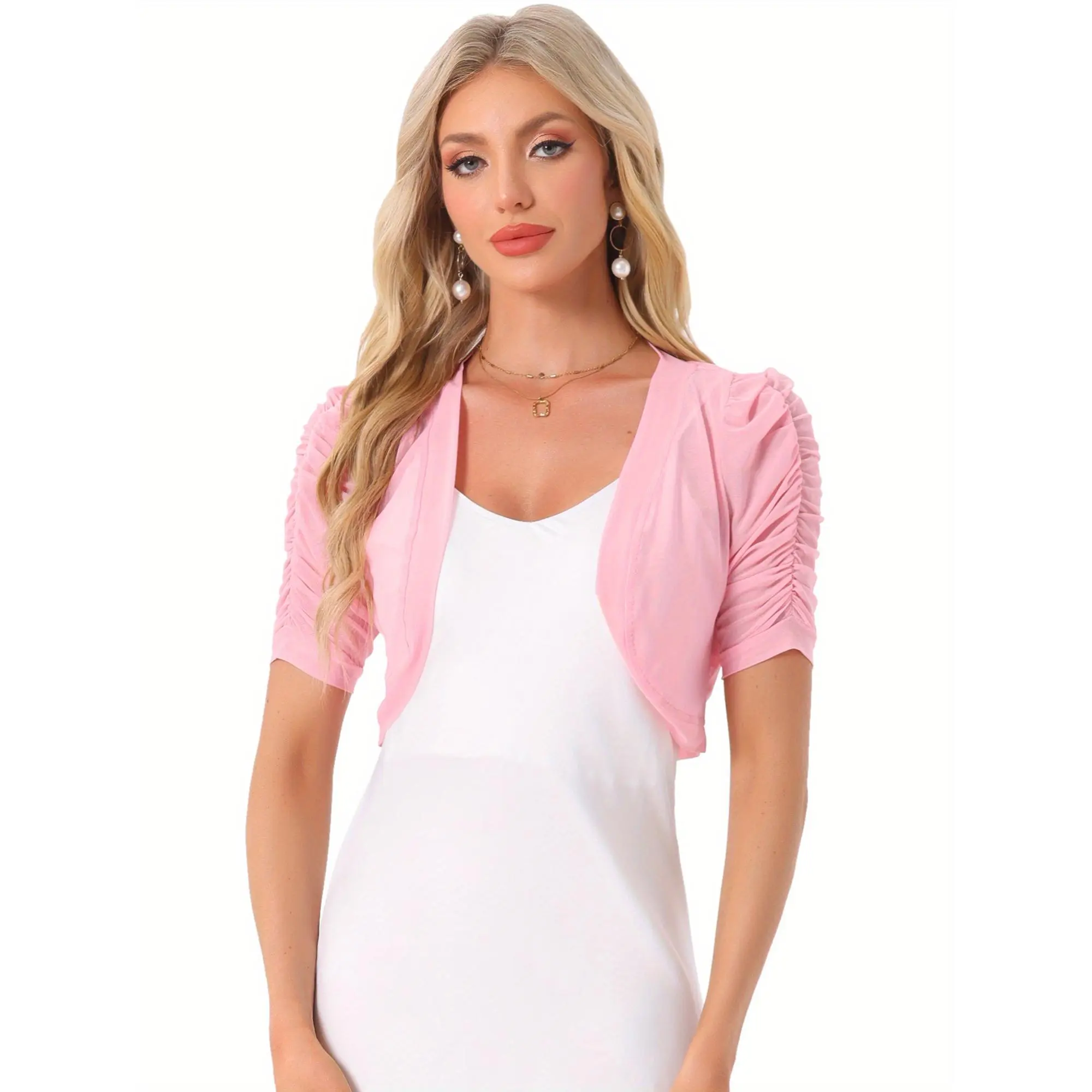 Casual Short Sleeve Mesh Sheer Shrug for Women's Open Front Cropped Cardigan Bolero