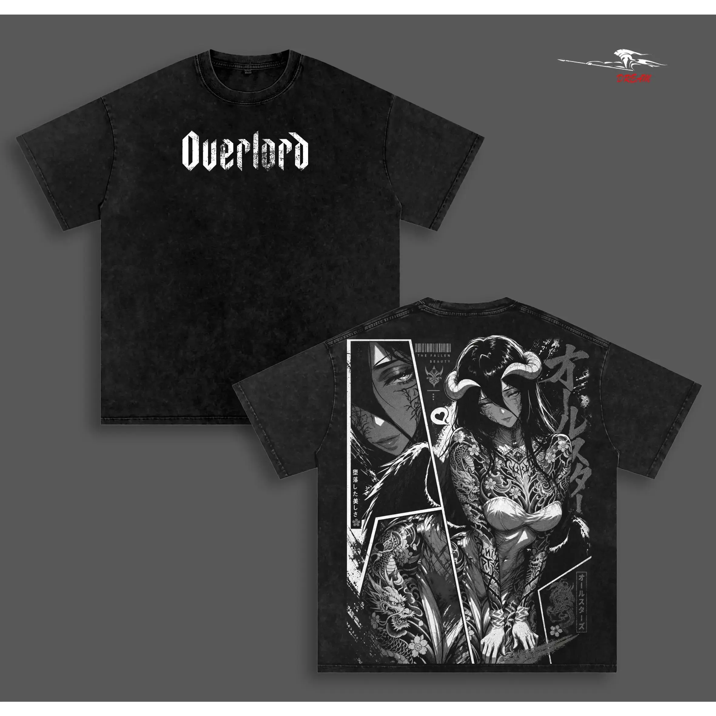 Gothic Albedo Overlord Anime Double Printed Vintage Washed Tee Unisex Oversize Anime Manga Washed Heavyweight Cotton T-shirt
