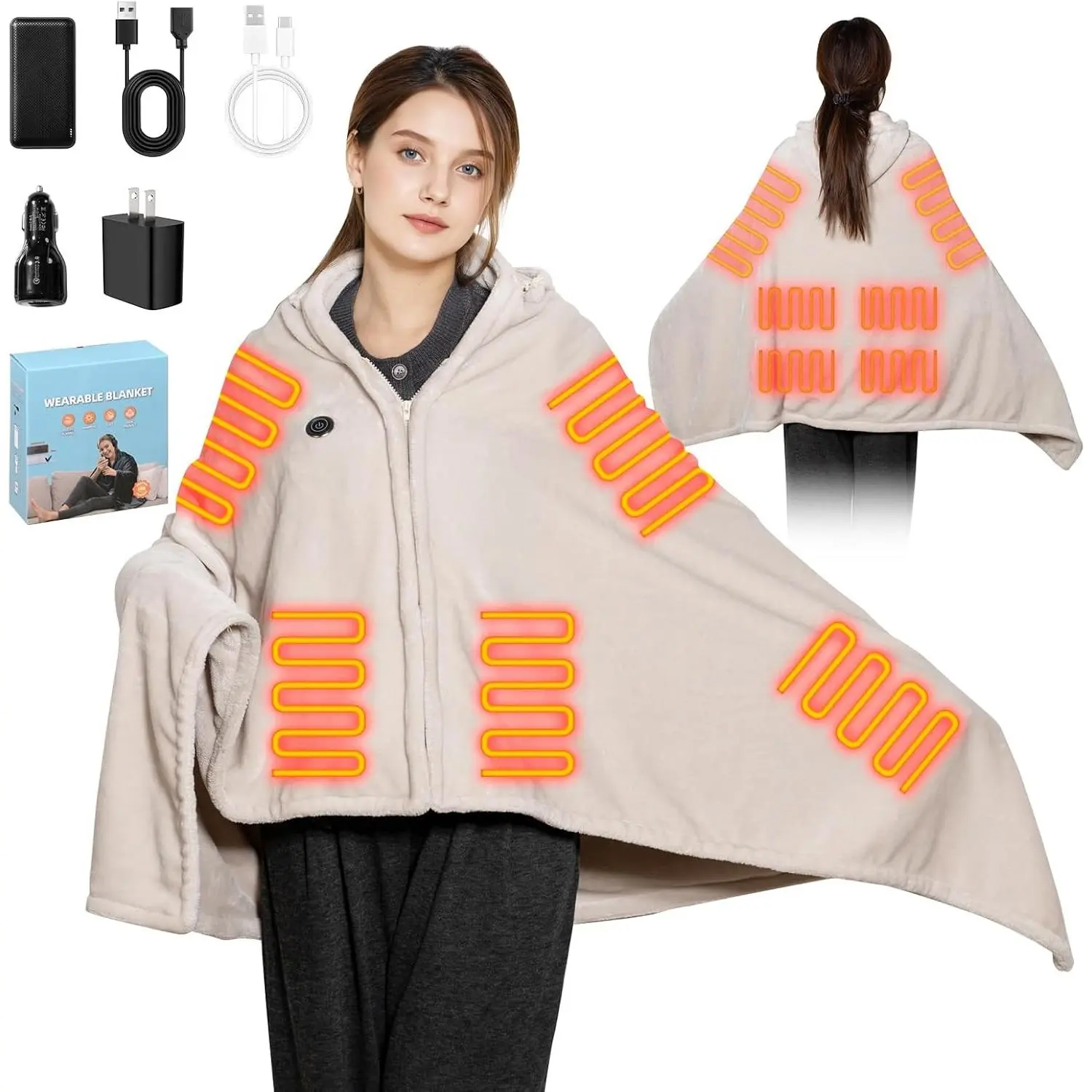 Cordless Heated Blanket with Hood, Rechargeable Wearable Heated Blanket Battery Powered with Strong Battery, 9 Heating Zones, 3 Levels, Portable Heated Throw Blanket for Camping, Gray