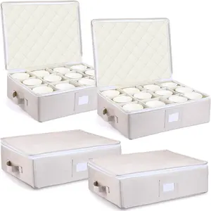 4 Pcs Cup and Mug Storage Box with Dividers Stackable Storage Cases Containers Holds 12 Coffee Mug and Tea Cup with Lid Zips Handle Wine Glass Box with Insert Cards for Label(Yellow)