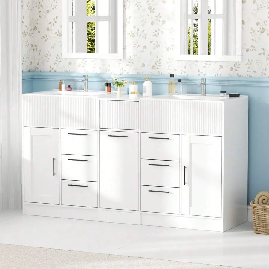 60" Double Sink Bathroom Vanity With Ceramic Basins, Modern Fluted Design Freestanding Bathroom Storage Cabinet With 7 Drawers & Soft-Close Doors