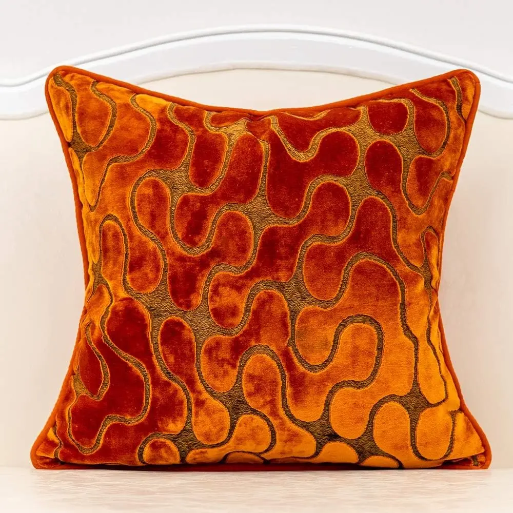 18x18" Orange Square Wavy Velvet Throw Pillow Cover - Modern Zippered Cushion Cover for Sofa, Couch, Bedroom Furniture