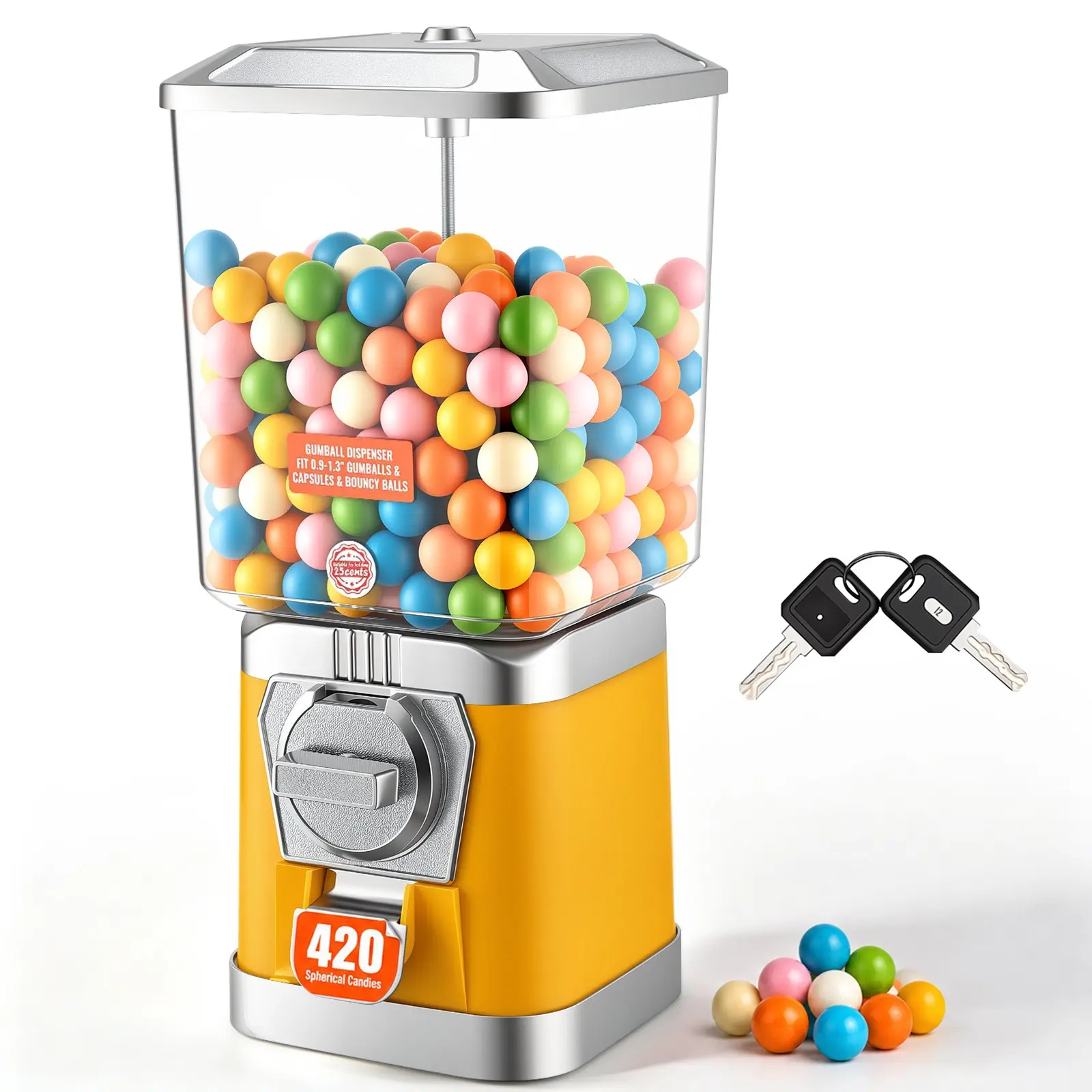 VEVOR Gumball Machine for Kids, 17"H Home Candy Vending Machine, PC Gumball Dispenser, Bubble Gum Machine for Game Stores, Coin Operated Gumball Bank for Toy Capsules Bouncy Balls Candy, Yellow