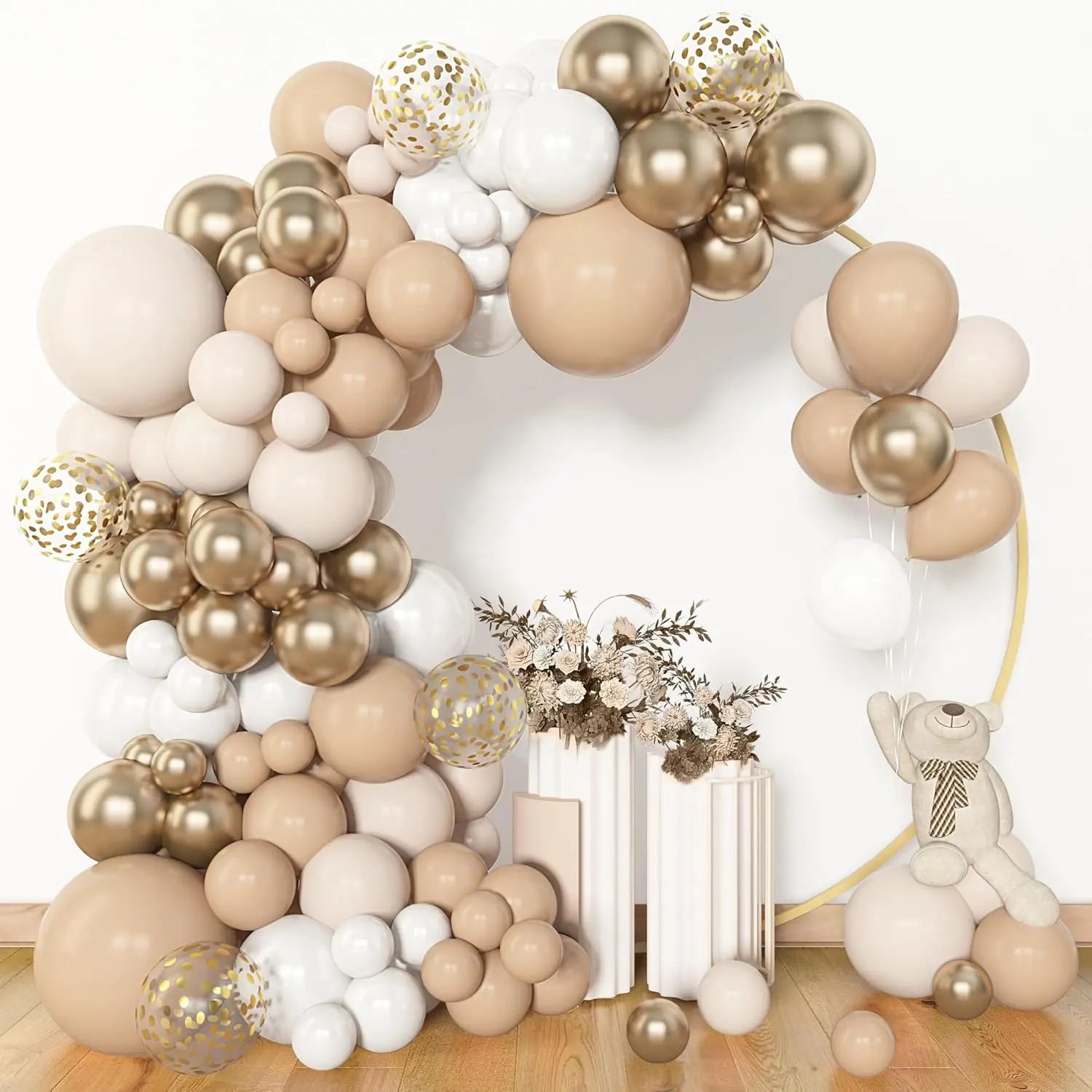 153-Piece White Sand Balloon Garland Arch Kit, Decorative Different Sizes (18/12/10/5 in) Beige Cream Champagne Gold Latex Metallic Confetti Balloons for Baptism, Happy Birthday Party Supplies