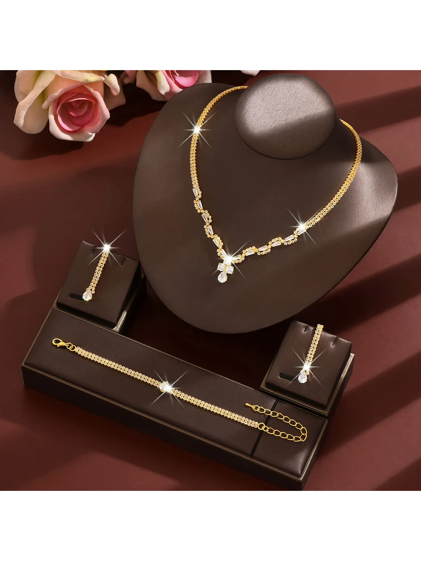 Luxury Crystal Zircon Drop Necklace Earrings Bracelet Set Bridal Wedding Jewelry for Women Matching Jewelry Set