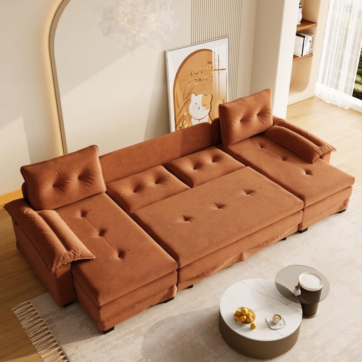 109.5" U-Shaped Sleeper Sofa with Pull Out Bed,2 in 1 Convertible Couch Bed with Removable Armrests & USB Ports,Oversized Sectional Modular with Chaise Lounge for Living Room/Apartment,Orange    RR