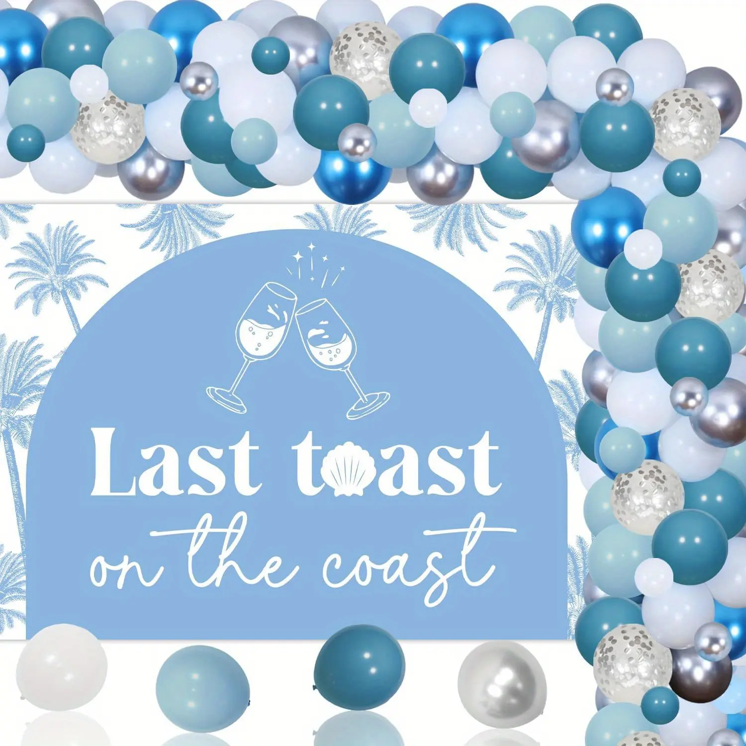 Coastal Bachelorette Last Toast Kit - 1 Set Durable Hangable Vinyl Cloth Backdrop, Coconut Print Balloon Arch & Multiple Comfortable Items for Women's Nautical Beach Bridal Shower Supplies