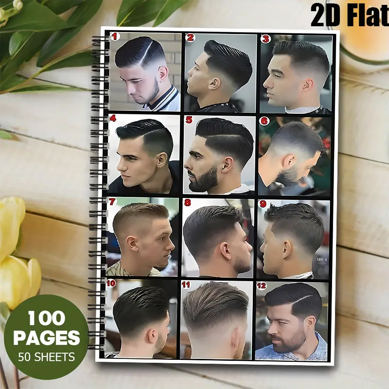 1pc Spiral Bound [2D]Flat 12 Mens Haircut Styles Notebook Journal, Lined 100 Pages, 5.7X8.26 inch, Ideal for Barbers, Hair Stylists, Grooming Enthusiasts, Daily Grooming Notes, Haircut Inspiration, Birthday Gift, Christmas Present for Men, Hairdressing