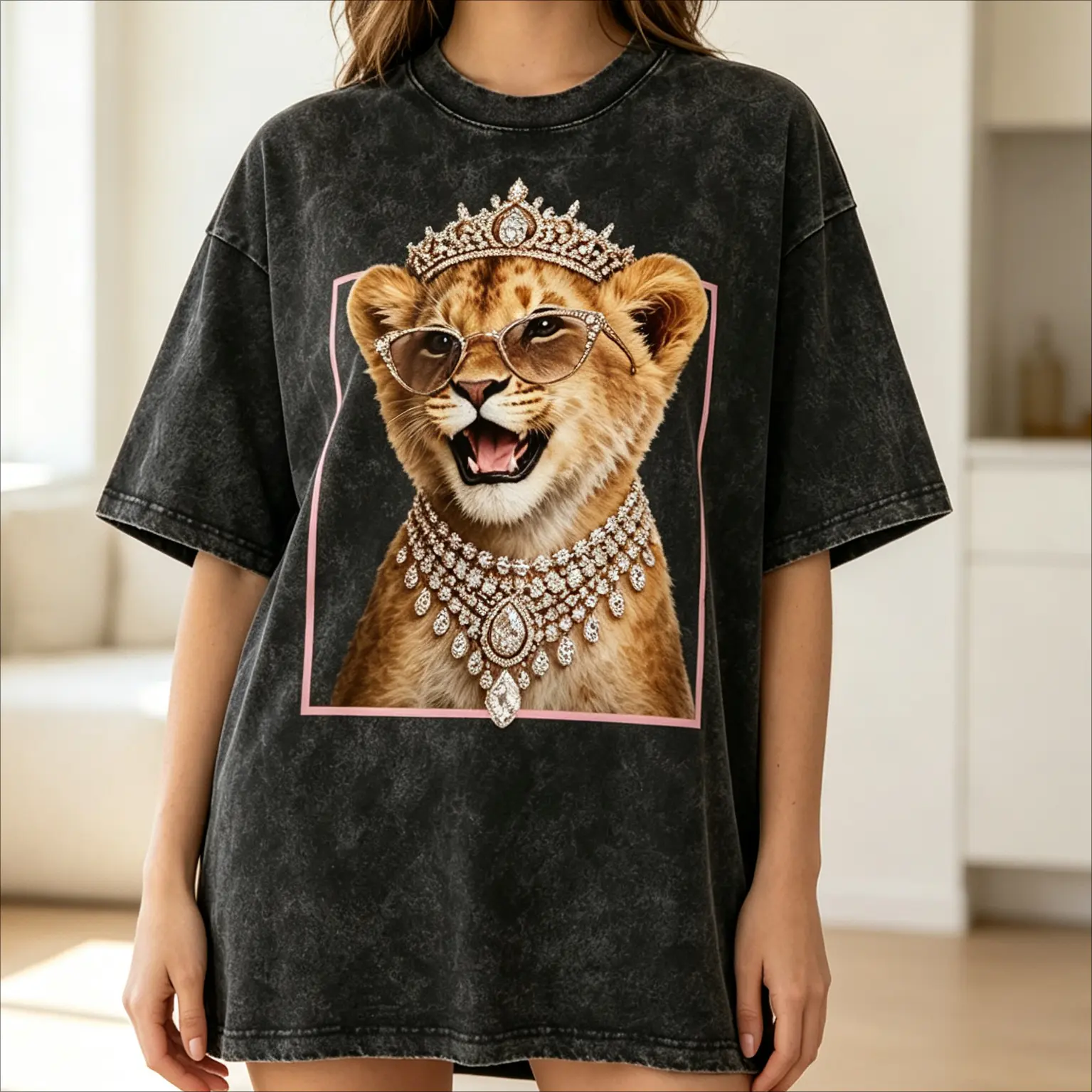Women's Casual Lady Animal Graphic Glam Print Top - Laughing Lion Summer Shirt with Rhinestone Diamond Necklace, Wild Cat Design, Rhinestone Accents, Round Neck, Soft Cotton, Chic, Cute, Watch Party
