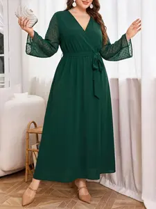Plus Size V-Neck Wrap Dress, Polka Dot Mesh Bell Sleeve Waist Tie Party Gown, Casual & Formal Wear for Weddings, Vacations, Daily Use