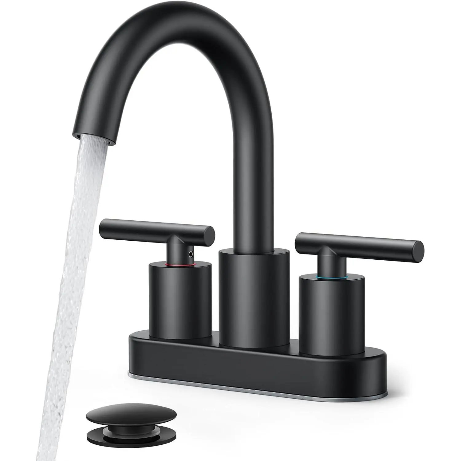 4 Inch Centerset Bathroom Faucet Black 2 Hole, Two Handle Matte Black Faucet for Bathroom Sink with Pop Up Dain, 24"  Line, and 360° Rotating Spout of 4"