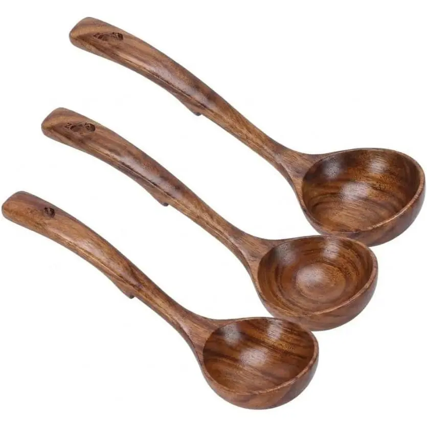 Acacia Wooden Ladle Set (3-Piece) - Heat-Resistant, Nonstick-Safe Kitchen Utensils with Handles, Cover, Shaped for Pasta, Soup, Serving, Everyday Use, Default