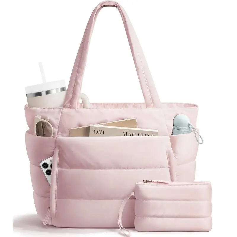 Women’s Quilted Puffer Tote Bag with Matching Pouch, Lightweight Zipper Shoulder Bag for Laptop, Work and Travel, Large Capacity Fashion Handbag for Teachers, Nurses, School, Gym and Everyday Use, Plain, Puffer Look, Quilted FabricLumina