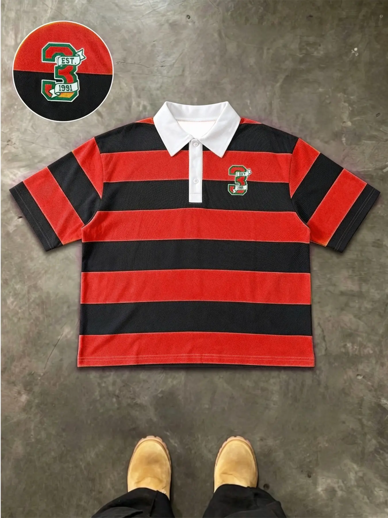 Durable Shape-Retaining Striped Rugby Polo Shirt - Retro Varsity Patch Oversized Aesthetic Streetwear for Men, Vintage Grunge Casual Collared Loose Fit Top, Trend Blockcore Fashionable Streetwear Apparel