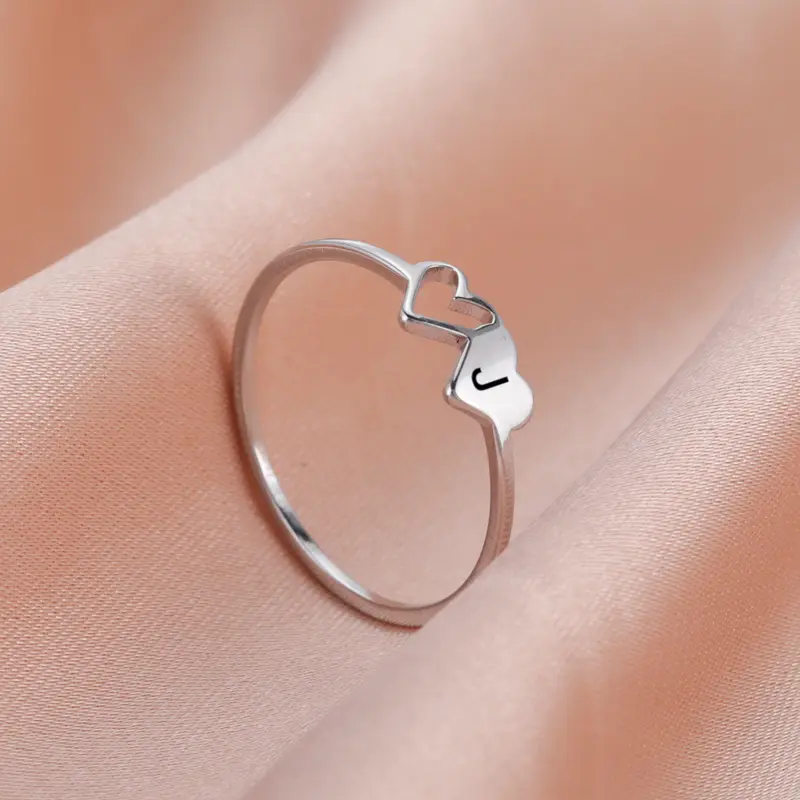 Unisex Adjustable 26-Letter Alloy Double Heart Open Rings - Stainless Steel Initial Charm Bag Accessories, Sports & Outdoor Sun Protective Item, Customized Gift (O,V,Q,D,W), S