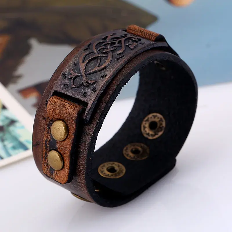 Vintage Totem Cowhide Leather Bracelet - Adjustable Punk Wristband for Men