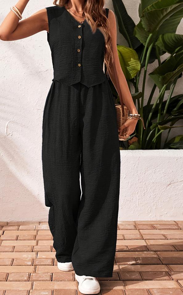Women's 2 Piece Vest and Pants Set, Casual Button Down Waistcoat and Wide Leg Pants Matching Outfit Women's 2 Piece Vest and Pants Set, Casual Button Down Waistcoat and Wide Leg Pants Matching Outfit
