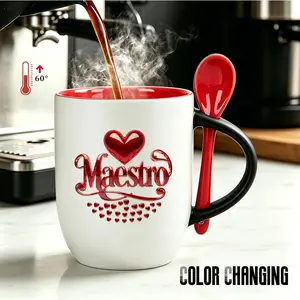 Maestro Color Changing Mug with Spoon, 60°C+ Hot Drink Unlocks The Hidden Red Heart Print on This Mug, Ideal Teacher's Day Present