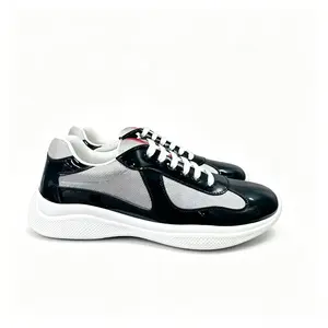 Mens Black Gloss Patent Leather Grey Mesh Spliced Low Top Sneakers, Lace Up Lightweight Platform Cushioned Sole Walking Shoes, Non Slip Comfort Fashion Street Style Casual Daily Commute Outdoor Athletic Footwear