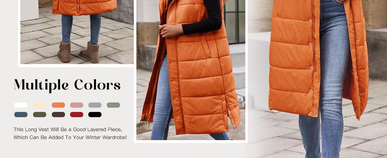 PiePieBuy Women's Hooded Puffer Vest Long Quilted Sleeveless Button Down Cotton Padded Jacket Winter Coat PiePieBuy Women's Hooded Puffer Vest Long Quilted Sleeveless Button Down Cotton Padded Jacket Winter Coat