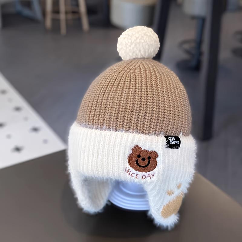 Winter Baby Bean Hat with Bear Ears and Pom-Pom for 1-3 Years Old Kids – Soft Plush Lining, Cute Face Cut, Fluffy Ears, Warm Wool Lining for Neck and Head Protection