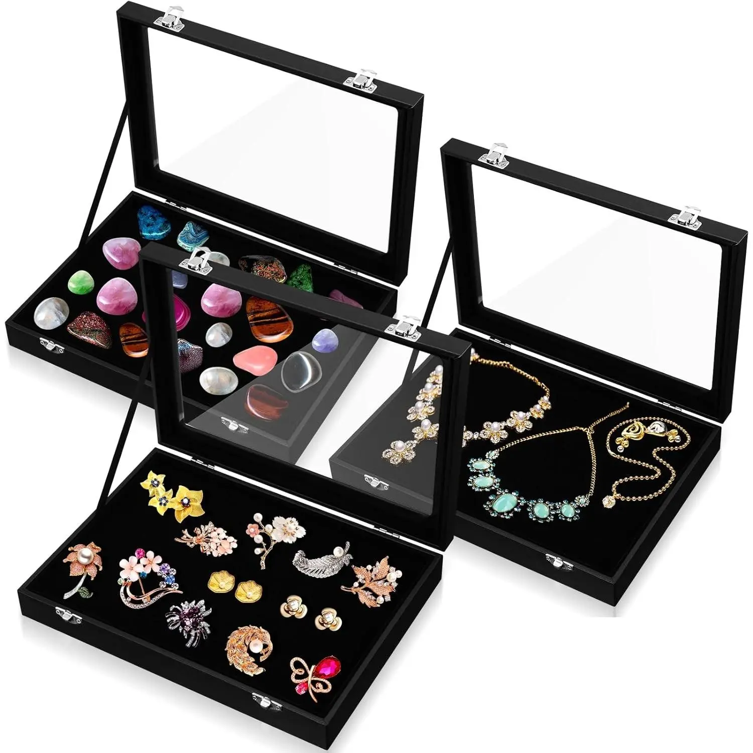 3 Pcs Wooden Jewelry Box Glass Top Display Cases for Collectables with Glass Window on Top - Organizer for Rings, Bracelet, Necklace (11 x 7.9 x 2 Inches)