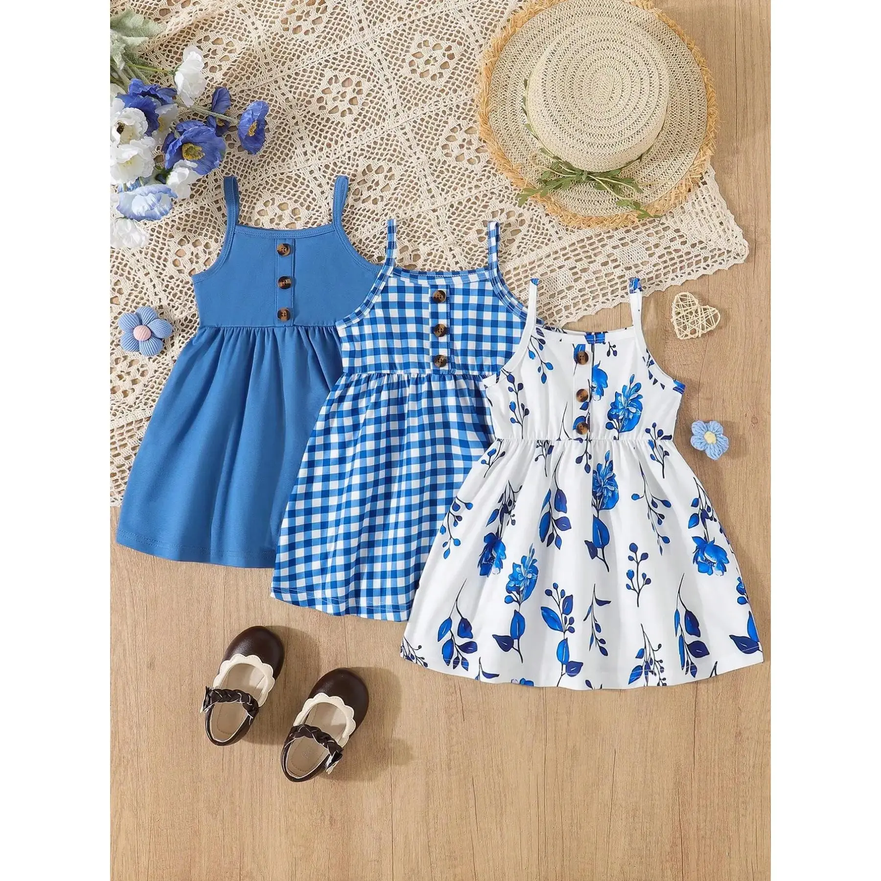 3-Piece Baby Girl Dress Set with Floral Printed Sleeveless Dress, Solid Color Button-Back Dress, and Checkered Patchwork Dress, Baby Girls Clothing for Special Occasions