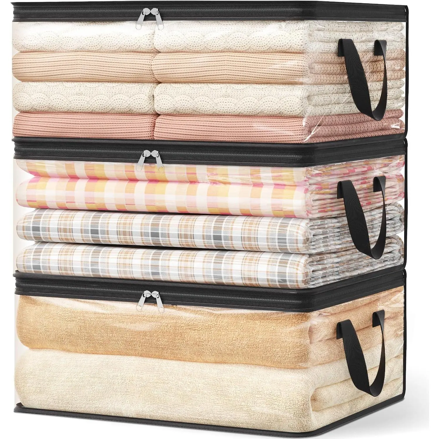 3 Pack Clear Clothes Storage Bags, 35L Plastic Blanket Vinyl Foldable Moving Bags with Zipper, Closet Organizers and Storage Containers for Bedding, Duvet, Pillow