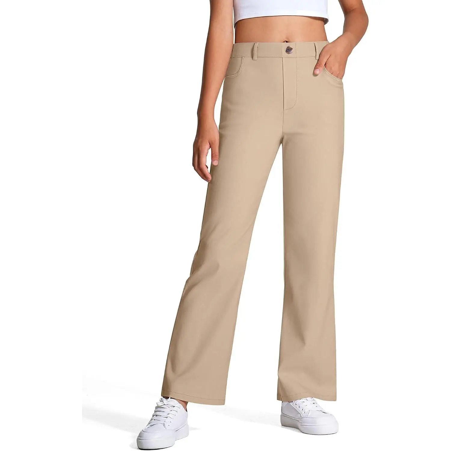 Girls High Stretch Flare Uniform Dress Pants with Elastic Waist, Pull-On Kids PantsGift
