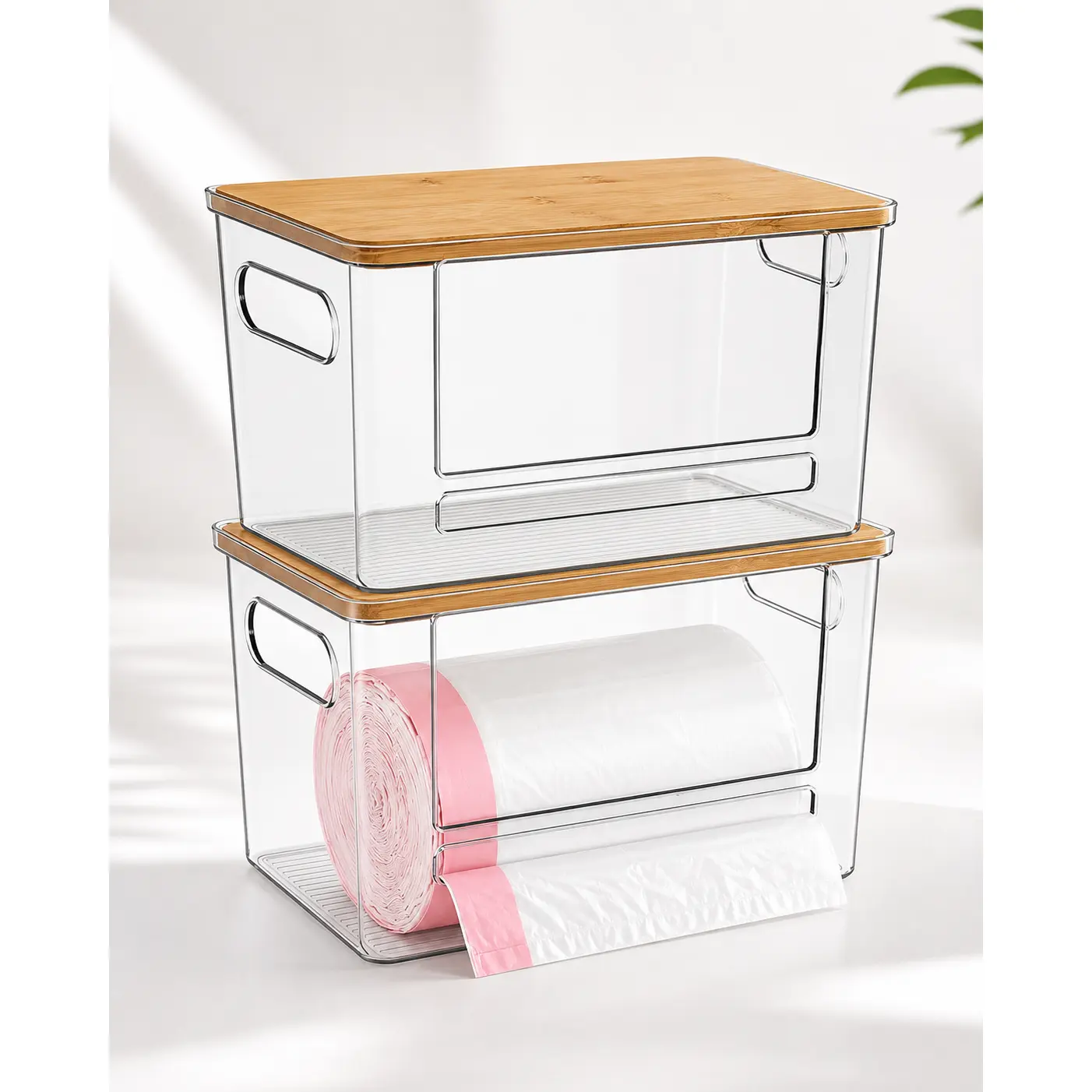 2-Pack Trash Bag Dispenser with Bamboo Lid, Stackable Clear Acrylic Roll Organizer for Under Sink & Kitchen Cabinet, Fits 13/30/33 Gal Rolls
