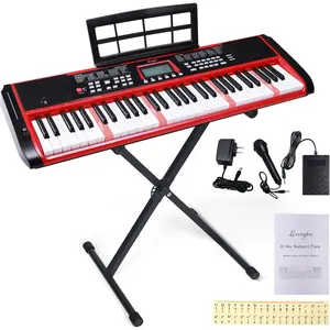 61-Key Portable  Keyboard Piano with Weighted ,  , LCD Display, 600  & 600 Rhythms, Teaching Modes, Microphone, Power Adapter, and Keyboard Stand (Cherry Red)