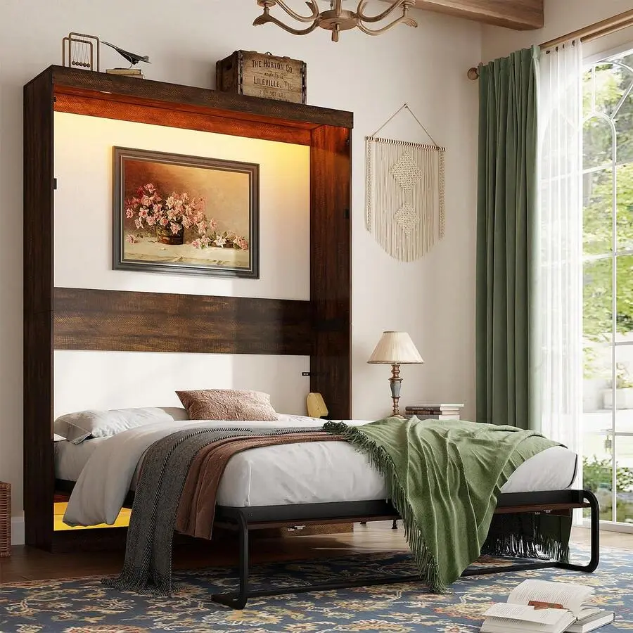Full/ Size Murphy Bed With 2 LED Lights, Farmhouse Wood Hidden Foldable Bed Frame W/Gas Struts, Storage Bed Cabinet Bedroom, Office, Space-Saving, No Box Needed
