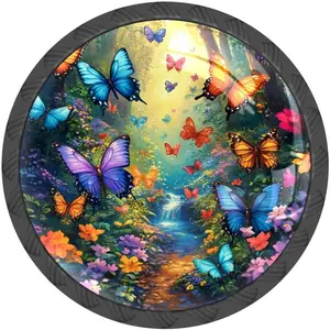 4 Pack Cabinet Knobs Colorful Butterfly Cabinet Knobs Pulls Round Glass Knobs for Dresser Drawers Black Kitchen Bathroom Drawer Pulls Handles Furniture Cupboards Hardware Knobs