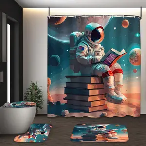 LVRLVR 4Pcs Astronaut Reading Book Planet Space Cosmic Cartoon Modern Art Style Teal Orange White Tone Shower Curtain Set 70.8×70.8 Inch