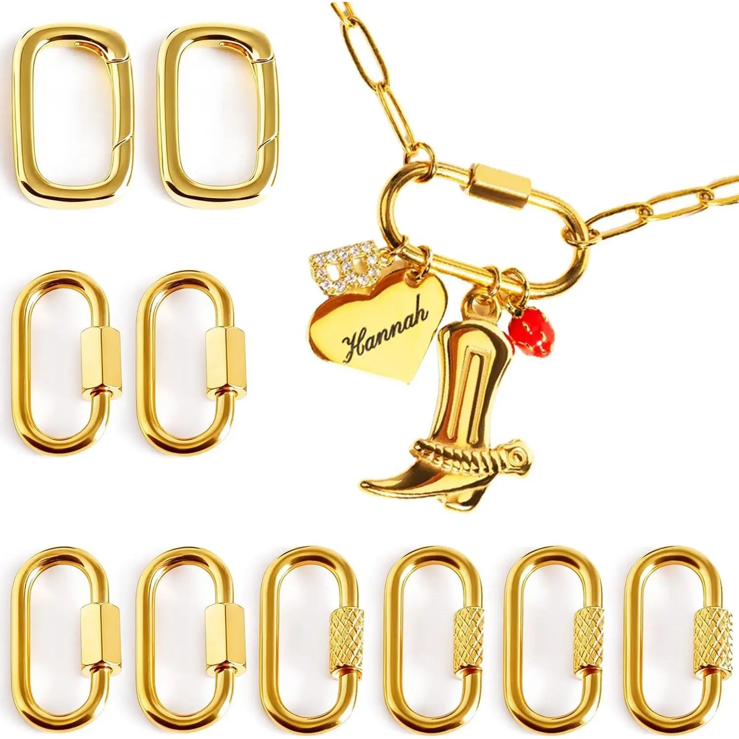 18K Gold Plated Stainless Steel Screw Carabiner Lock Charms, 10 Pieces Jewelry Making Connectors, 0.83 x 0.43 Inch Necklace Charm Holder ClaspsGift