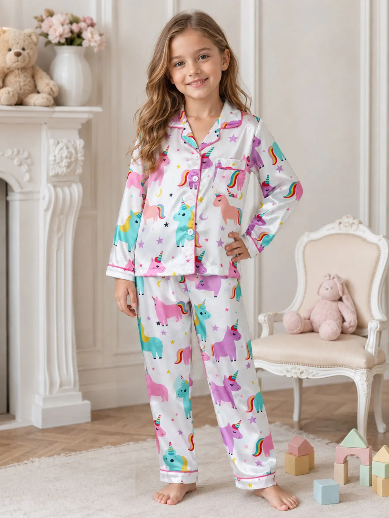 Girls' Pajama Set, Unicorn Stars Rainbow Long Sleeve Top & Loose Pants, Soft Sleepwear for Home, Fall Winter Casual Wear