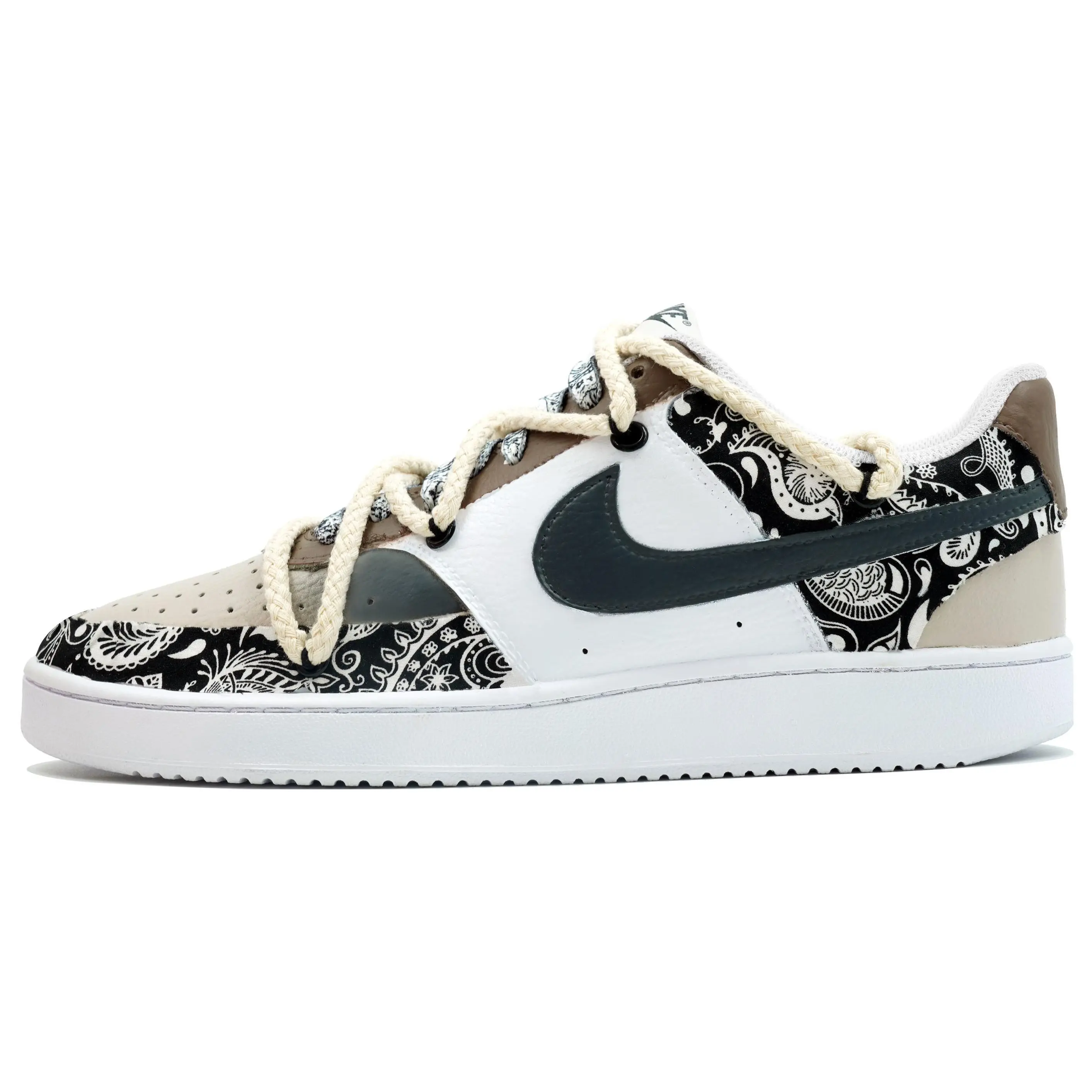 Nike Court Vision 1 Custom Sneakers for Men: Deconstructed Cashew Print, Graffiti, Patchwork, Retro Streetwear, Low-Top Casual Shoes Verifiable, with credentials and supporting global authentication