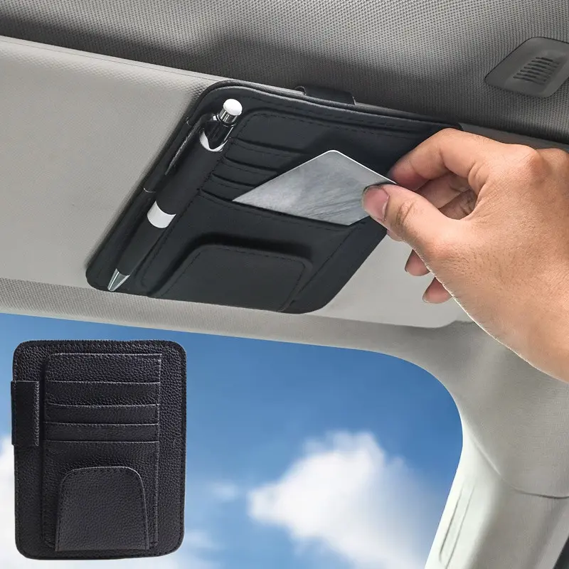 1pc Universal Car Visor Organizer, PU Leather Storage Box Pocket Glasses Card Pen Ticket Holder, Auto Interior Accessories, Visor Storage Pouch