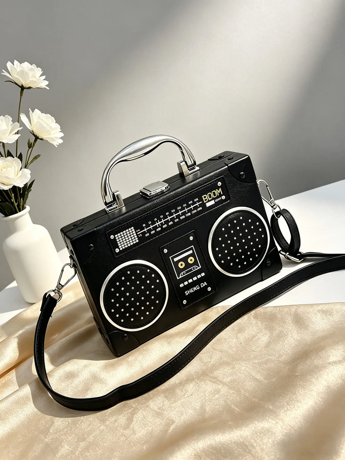 Unisex Funky Boombox Crossbody Bag, Retro Cassette Player Shaped Box Purse with Top Handle, Lightweight Novelty Shoulder Bag for Concerts, Festivals & Casual Wear, Casual Trendy Bag
