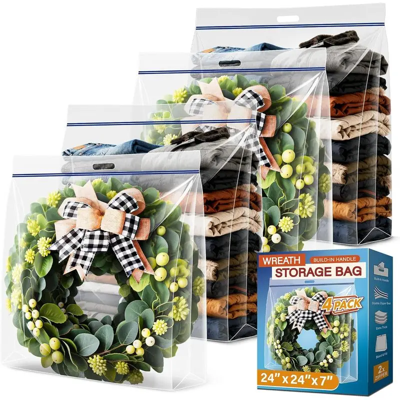 4 Pack 24"x24"x7" Extra Large Clear Plastic Wreath Storage Bag with Handle |   Wreath Storage Container For Halloween Summer Christmas Decoration or Clothing Blanket Comforters Bed Sheets Pillows