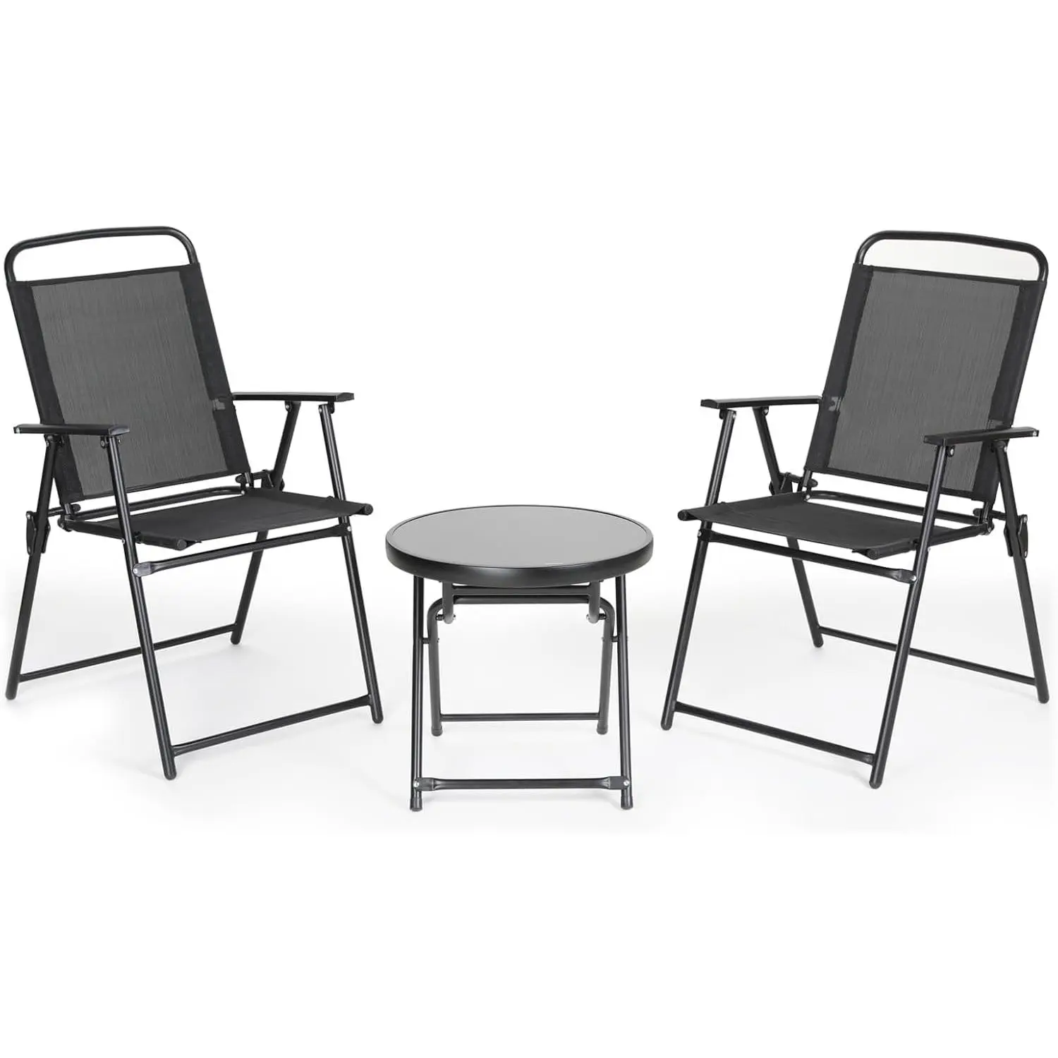 VOWNER Black Folding Outdoor Furniture Set (2 Metal Garden Chairs & Table), Powder Coated Rust-Resistant Steel Frame, Tool-Free Fold, Super Textilene Quick-Dry Fabric, Ergonomic Back Support for Healthy Posture, Non-Slip Feet, for Garden, Patio