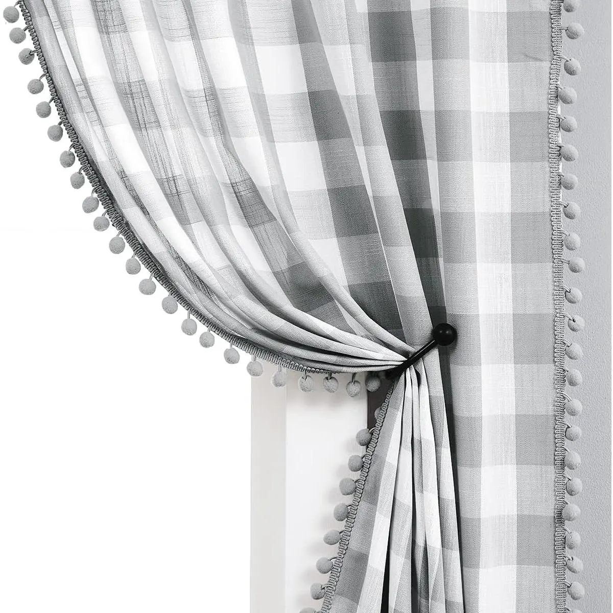 Grey White Check Plaid Pom Pom Window Curtains, 54" Rod Pocket Top Panels - 2pk, Pack of 2 for Home Decorators, Window Covering Ideas, Two Panels