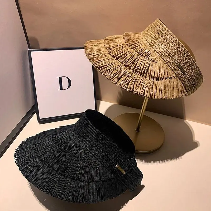 Women's Designer Brand Tassel Straw Visor Hat, 56-58cm Adult Female Summer Empty-Top UV Protection Beach Sunshade Cap, Beach Hats