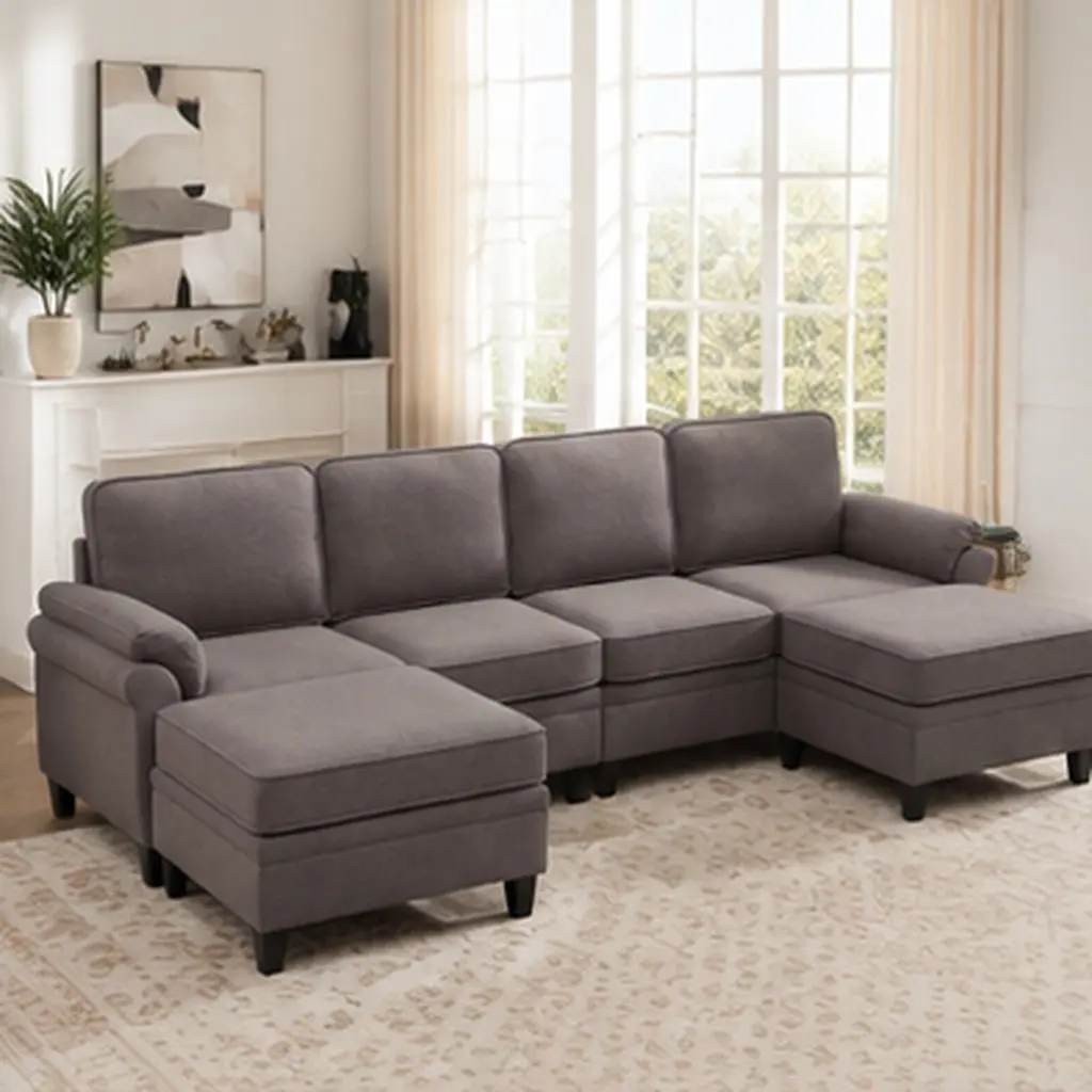 ARCH Farmhouse Style Home L-Shaped Sectional Sofa - 6-Seat 102-Inch Dark Gray Linen Blend Cloud Sofa with Storage Ottoman, Under-Seat Storage, DIY Configurable Wood Frame Foam Cushions for Modern Farmhouse Decor Living Room