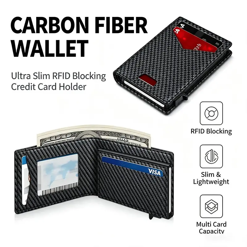 Men’s Minimalist Slim Wallet, RFID Blocking Aluminum Pop-Up Card Holder, Money Clip & ID Window, Secure and Stylish Design