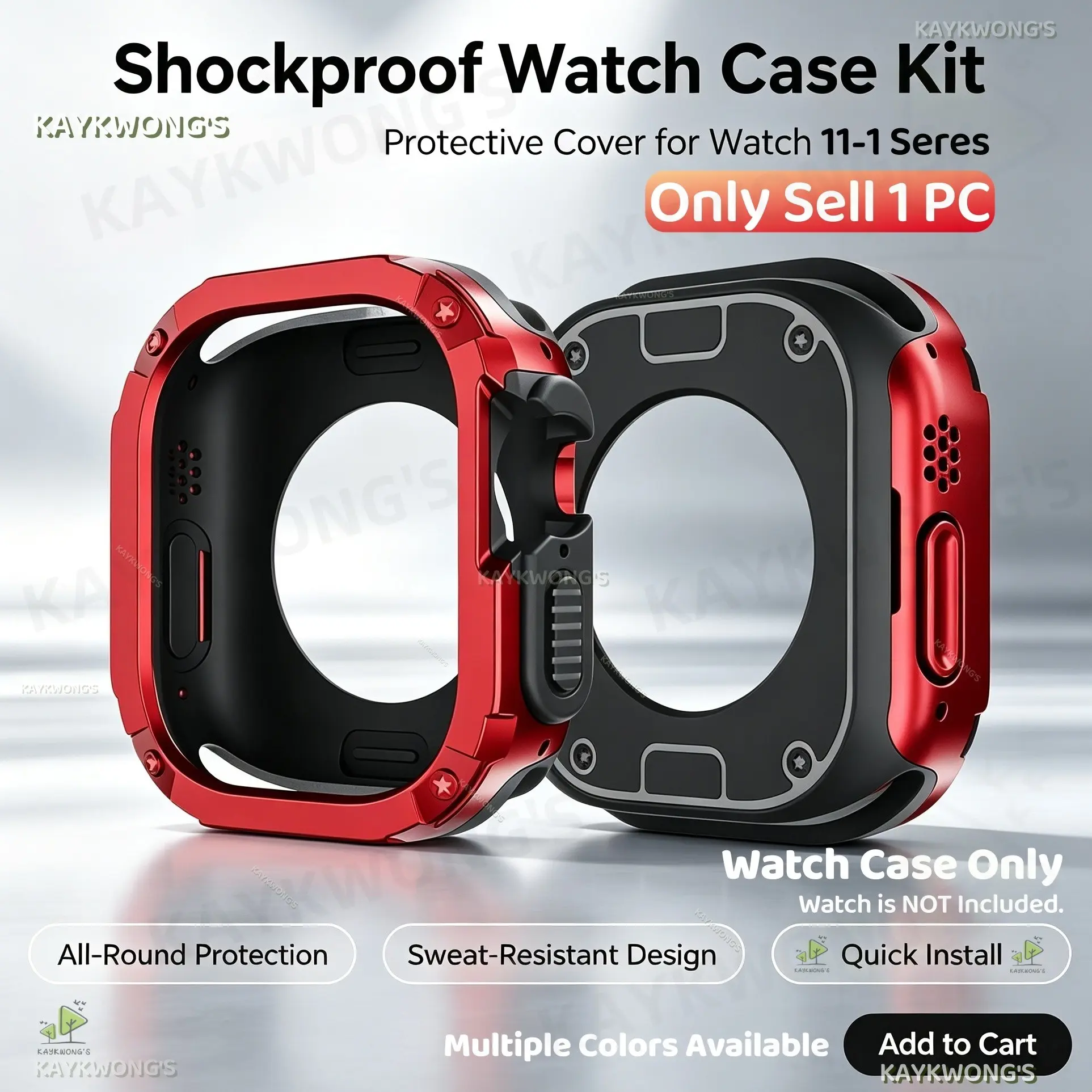 KAYKWONG'S Custom Dual-Layer Armor Bumper Cover Case, Soft TPU Inner + PC Outer (NO Screen Included, Frame Only), Sweat-Proof Shockproof Protection, Fits for Smartwatch 1-11 Gen, 40mm-49mm, No Watch Included