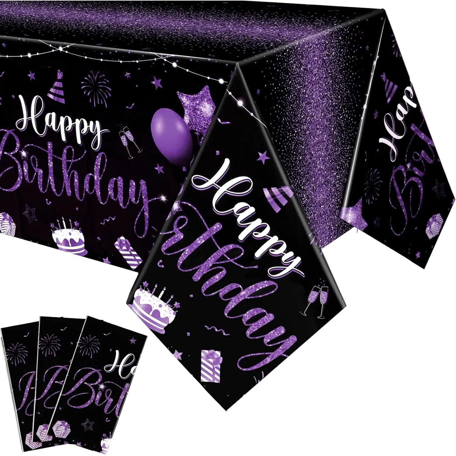 3 Pcs Happy Birthday Tablecloths Happy Birthday Party Decorations Plastic Table Cover Rectangular Cloths for Women Men Shower Party Supplies, 108 x 54 Inch (Black Purple)