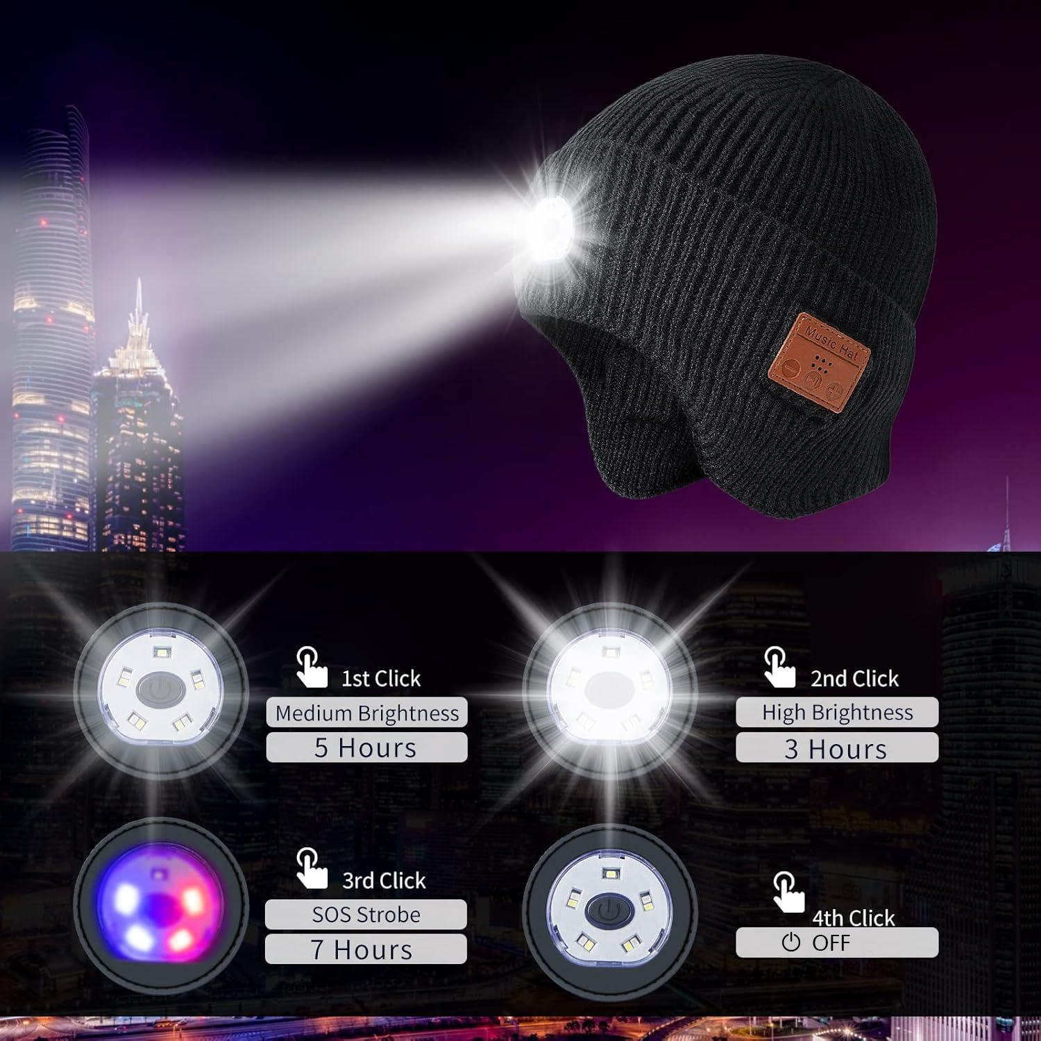 Bluetooth Beanie with Light, Unisex USB Rechargeable  Headlamp Cap with Headphones and Built-in Speaker Mic,Unique Christmas Birthday Gifts for Men Husband Teen warm beany Knit Balaclava Outdoor